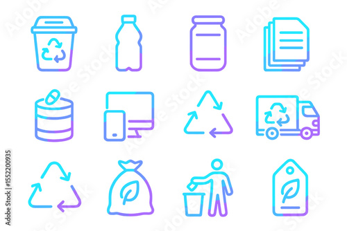 Neon recycling icons: bin, bottle, jar, e-waste, truck, tag, eco-friendly symbols