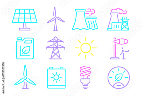 Neon icons of renewable energy and sustainable technology on dark background