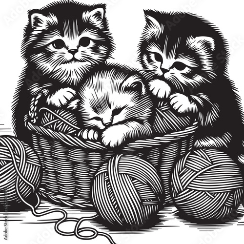 Three adorable kittens play with yarn in charming woven baskets, creating a heartwarming and playful feline scene.