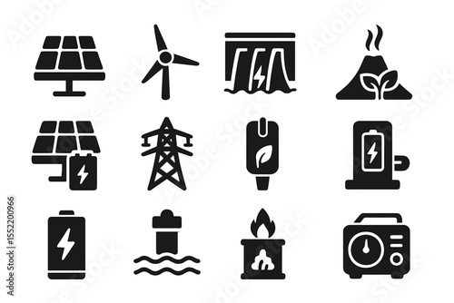 Renewable energy icons set: solar, wind, hydro, biomass, and more