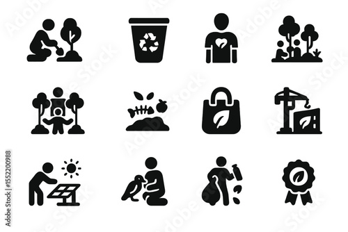 Eco-friendly activities icons: recycling, planting, solar energy, sustainable living