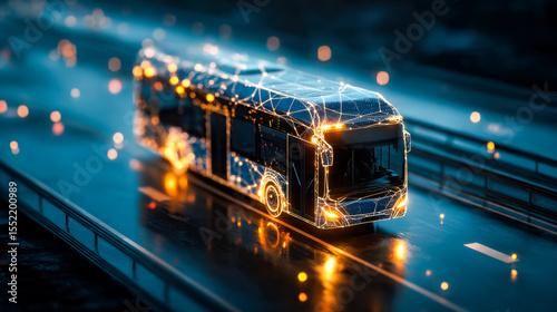 Futuristic digital bus traveling on a highway at night with glowing network connections