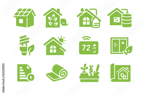 Eco-friendly and sustainable home icons in green glowing style