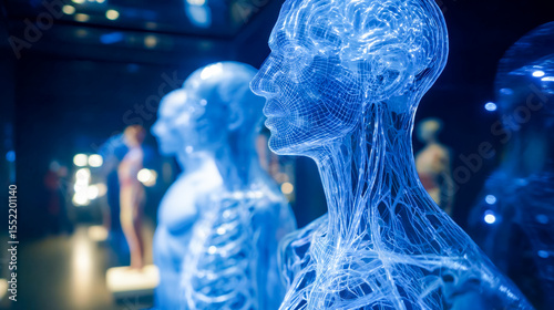 Futuristic digital human sculptures displaying intricate neural network designs in a high-tech exhibition