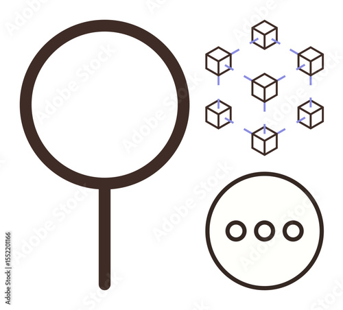 Magnifying glass inspecting interconnected cubes symbolizing blockchain technology with three dots denoting continuation or options. Ideal for data analysis, blockchain, connectivity, exploration