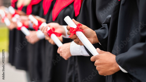Cropped of international group of graduates in black and red graduation costumes standing in a row during graduation ceremony at university campus outdoors, holding diplomas