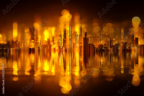 Abstract city skyline illuminated with golden lights reflected on water at night