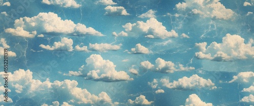 Processed collage of cloudy light blue sky texture for background, banner, or mapping backdrop.