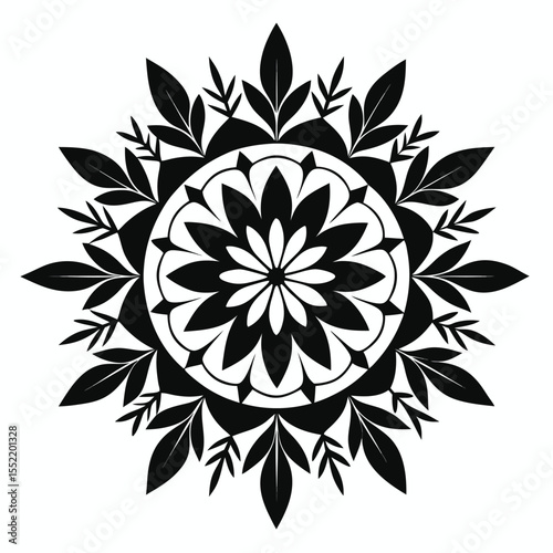 Elegant Black and White Floral Mandala Design  Intricate Circular Pattern with Leaves and Flower Motifs, Perfect for Printing, Decoration, or Tattoo Inspiration