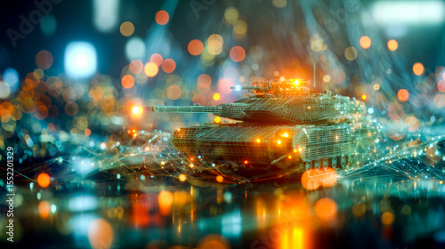 Futuristic digital rendering of a military tank with glowing elements and abstract technological background