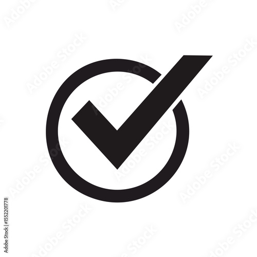 Isolated black check mark inside circle, signifying approval and completion on black background