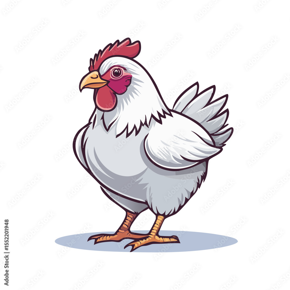 Fototapeta premium Cartoon style illustration of a white hen with red comb and wattle on black background farm animal poultry vector
