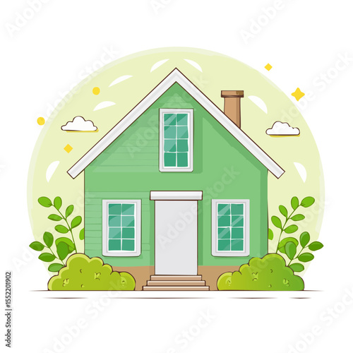 Illustration of a charming green house with a chimney, surrounded by green plants and set against a pastel background.