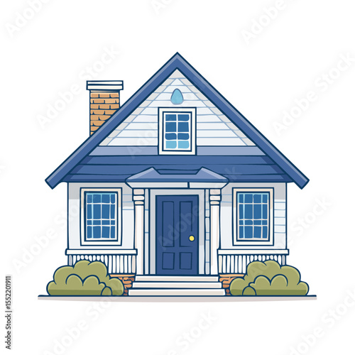 Charming blue and white house facade with brick chimney and manicured landscaping illustration
