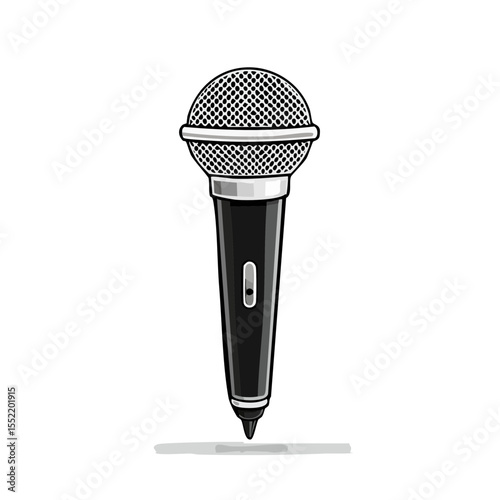 Isolated Black Microphone Illustration with a Silver Screen Head on a Black Background