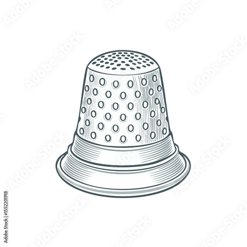 Thimble illustration drawing for sewing needlework handcraft with holes and etching patterns for hobby tailoring