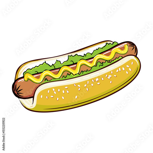 Illustration of a Delicious Hotdog with Mustard and Lettuce on Sesame Seed Bun Isolated on Black