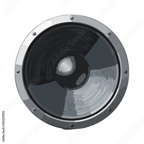 Speaker graphic illustration, showing sound system detail with metal rim, black background for technology themes.
