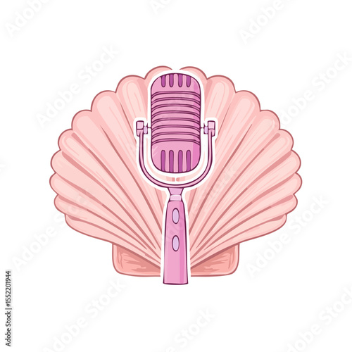 Cartoon Pink Microphone and Seashell Illustration Trendy Pop Design Creative Concept
