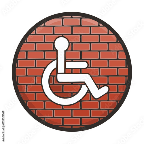 Handicap access wheelchair icon symbol on brick wall circular graphic for disability accessibility information and guidance
