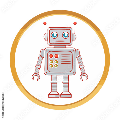 Cute retro cartoon robot illustration vector icon in circle frame friendly technology concept for kids educational and futuristic designs