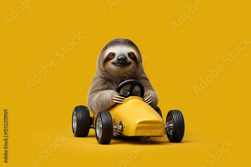 Sloth driving a small yellow kart against a vibrant yellow background, showcasing a playful and whimsical scene with a charming character