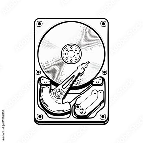 Hard Disk Drive Vector Illustration for Data Storage or Computer Technology Concepts, in Black and White Style