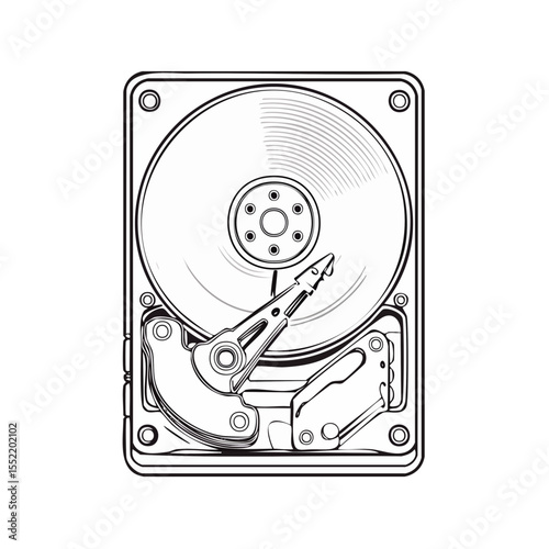 Computer Hard Drive Internal Components, Data Storage Device in Line Art Style