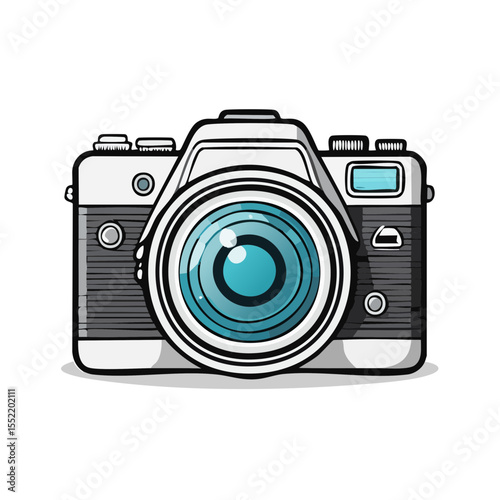 Vintage Camera Illustration with Blue Lens Isolated on Black Background Photography Equipment