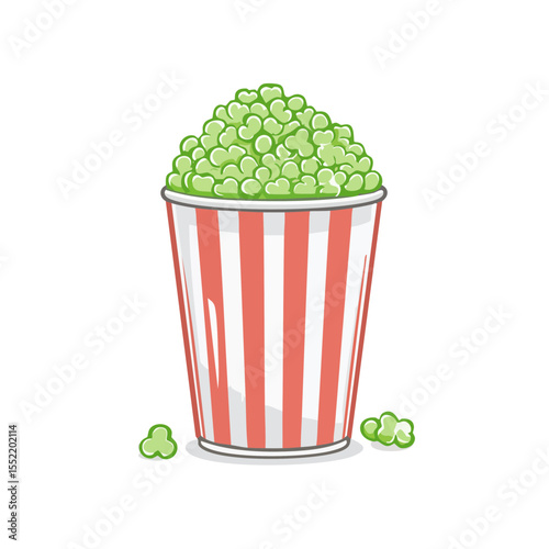 Illustration of a Striped Popcorn Bucket Filled with Green Popcorn Isolated on Black Backdrop for Snacks and Movies