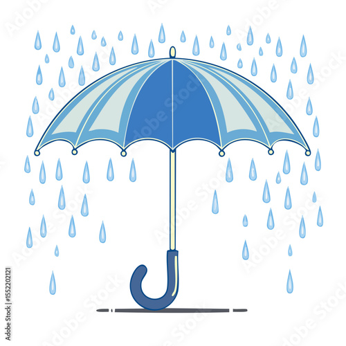 Blue Umbrella Protecting from Rain Drops, Weather Icon, Graphic Illustration
