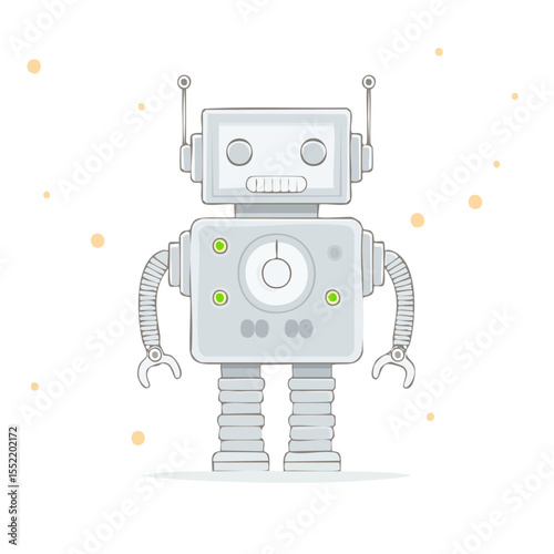 Retro Style Robot Illustration Standing Against Black Background with Glowing Particles