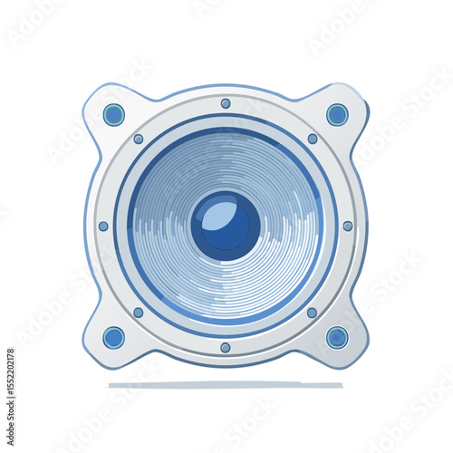Blue and White Speaker Illustration with Metallic Accents on Black Background