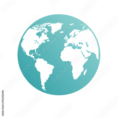 World map illustration of earth continents in white against a turquoise background. Concept for travel, geography, global issues, and environmental topics