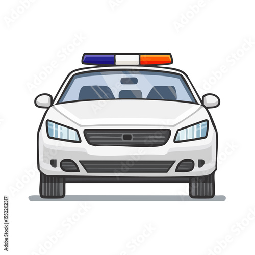 Illustration of white police car front view with blue and red emergency lights, vector transportation vehicle cartoon for web design