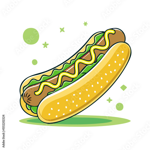 Cartoon Hot Dog with Mustard and Lettuce on a Bun with Green Decor Elements Isolated on Black