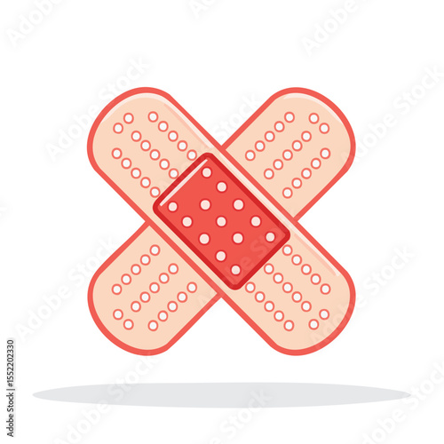 Two adhesive bandages crossing each other, providing medical first aid and skin injury protection, cartoon style