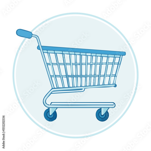 Illustration of light blue shopping cart in white circle for supermarket grocery retail and consumerism isolated on black background