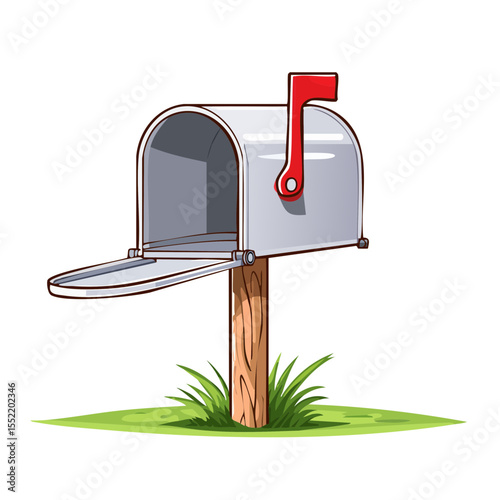 Open Mailbox on Wooden Post with Red Flag and Grass Cartoon Style Illustration