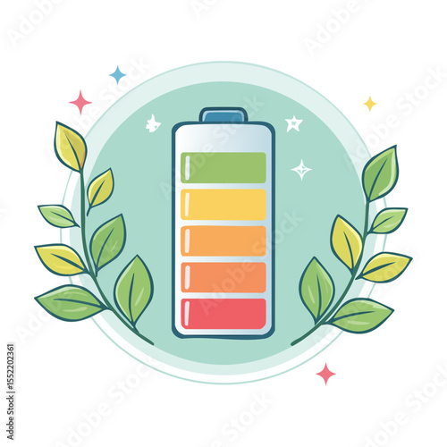 Battery Power Level Symbol Surrounded by Leaves and Stars Depicting Environmentally Friendly Power