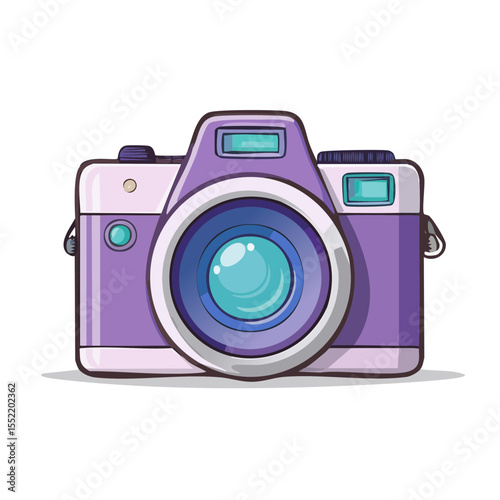 Cartoon camera illustration with purple casing and teal lens focusing on photography equipment for taking pictures and memories