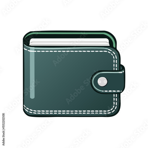 Dark Green Wallet Illustration with Snap Closure, Stitching Detail, and Card Slots on Black