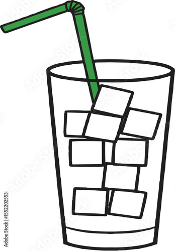 Illustration of a glass filled with ice cubes and a green drinking straw inside