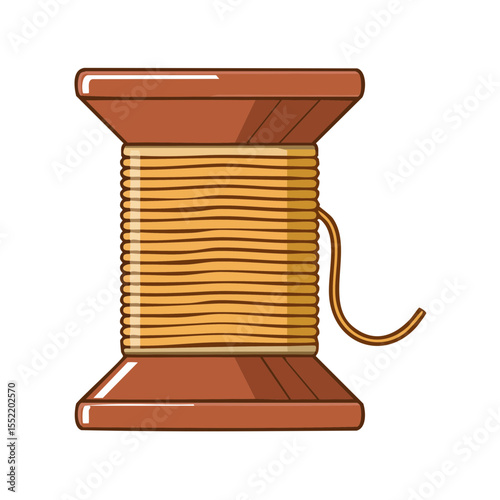 Cartoon Wooden Spool with Wound Thread Crafting Supplies Sewing Equipment Isolated on Black Background Design Element