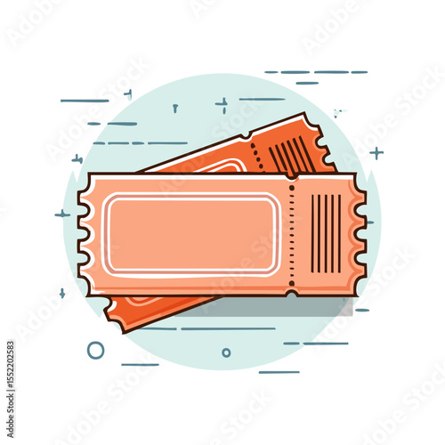 Admission tickets graphic illustration depicting event entry passes for cinema or theatre show. Orange ticket design with circle in the background.