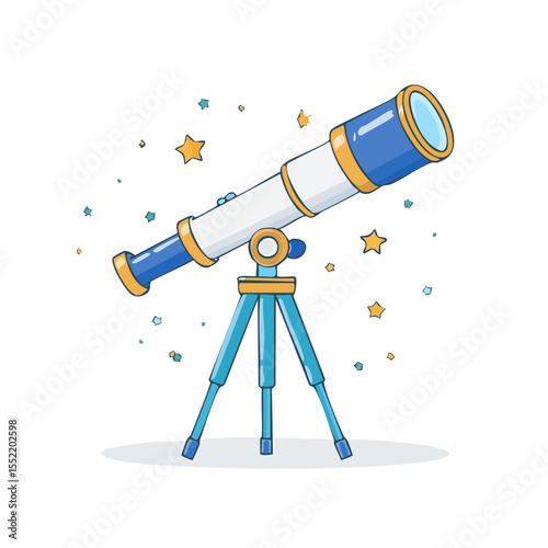 Illustration of a telescope for stargazing and astronomy science set against a night sky background with scattered stars