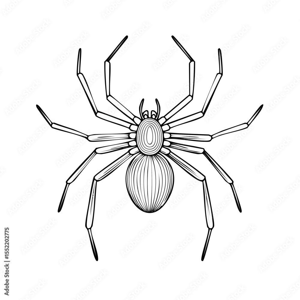White outline of a spider isolated on black arachnid with eight legs art illustration for Halloween themed cards and scary designs
