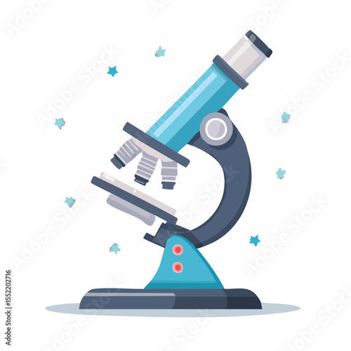 Stylized microscope illustration for science education research biology studies health medical equipment with stars on white background