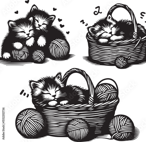 Three adorable kittens play with yarn in charming woven baskets, creating a heartwarming and playful feline scene.