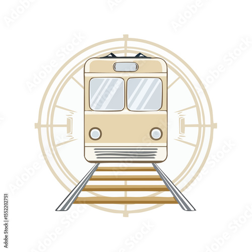 Front view of a cartoonish old train riding on railway tracks within a symbolic navigation compass graphic illustration on black